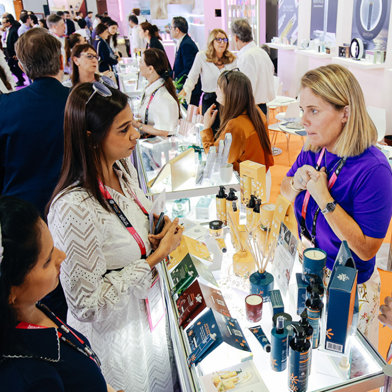 Beautyworld Dubai - Visitor and exhibitor interaction at booth
